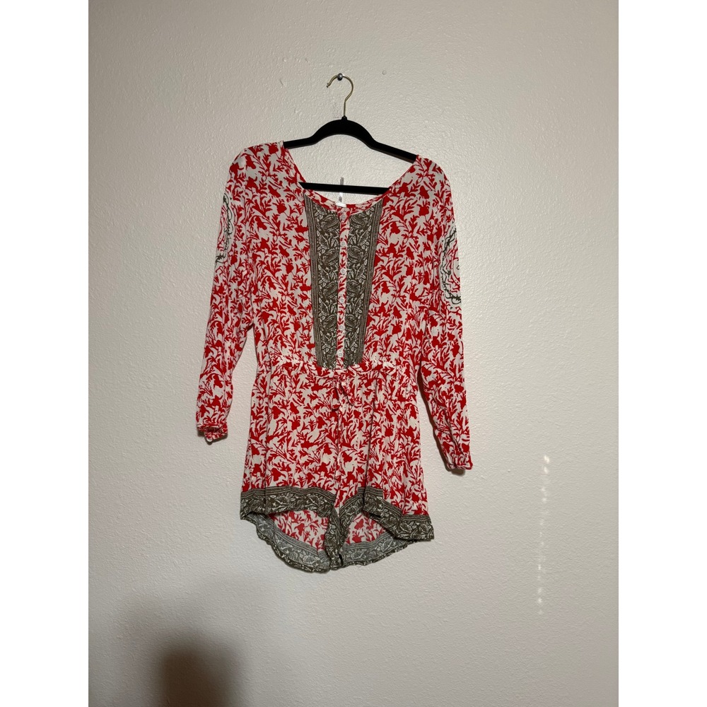 Free People Red White Botanical Print Long Sleeve Romper Button Front Medium